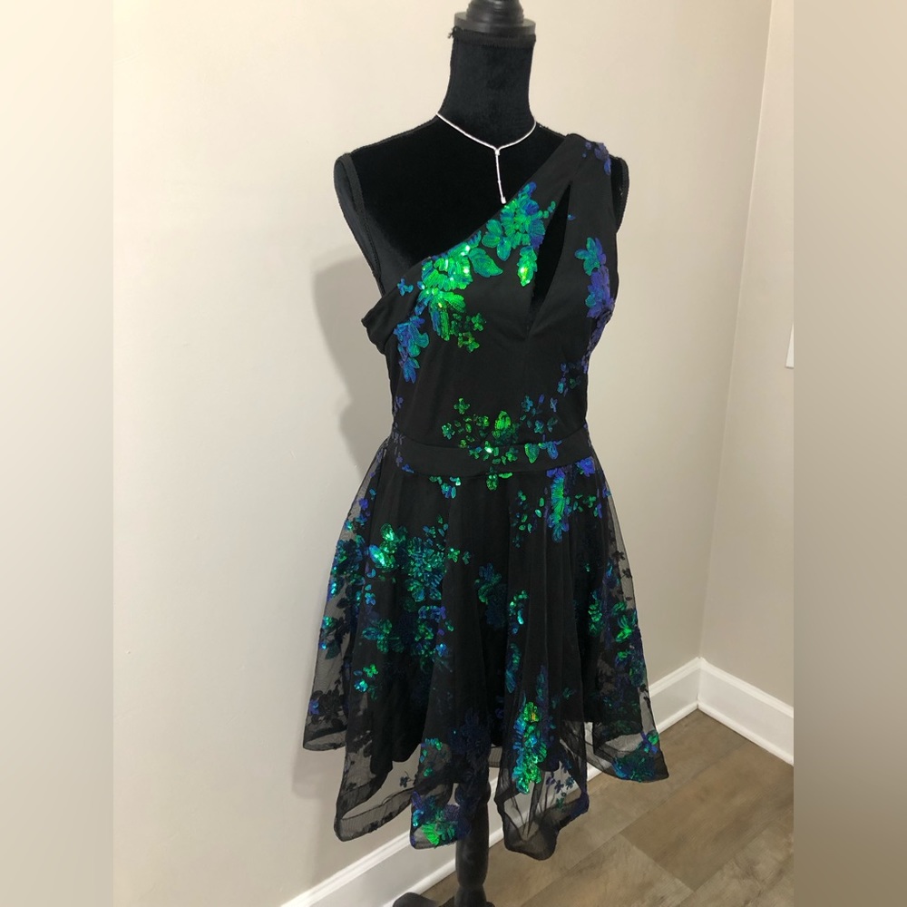 Black Sequin One Shoulder Floral Mesh Dress XL
